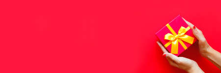 beautiful hands hold a gift box on a red background.の写真素材