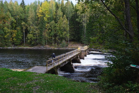 arched bridge over a wide river surrounded by autumn forest.の写真素材