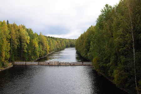 beautiful autumn landscape. lake view surrounded by forest.の写真素材