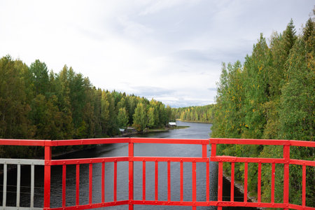 beautiful autumn landscape. lake view surrounded by forest.の写真素材