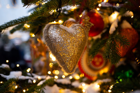 beautiful multi-colored toys on a Christmas tree against the background of lights and snow.の写真素材
