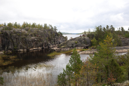 beautiful autumn landscape. lake view surrounded by forest.の写真素材