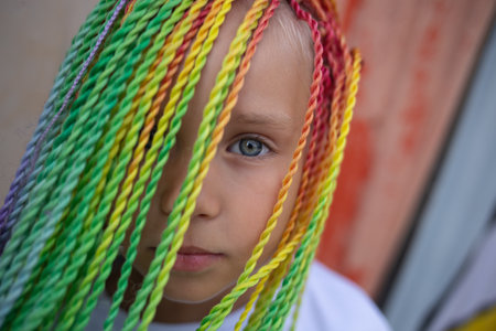 portrait of a little beautiful girl with multi-colored pigtails on the background of a colorful wall.の写真素材