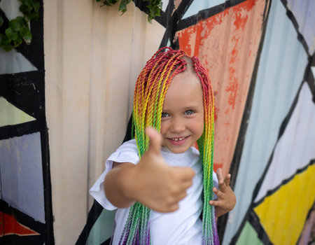 portrait of a little beautiful girl with multi-colored African braids against a colorful wall showing a thumbs up.の写真素材