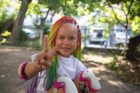 little cute girl with colorful afro pigtails sits on a skateboard and shows a peace sign.の写真素材