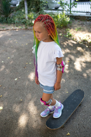 little cute girl with colorful afro pigtails standts on a skateboard.の写真素材