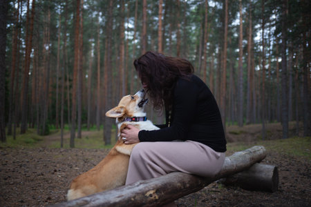 a pregnant woman sits on a log in the forest and plays with her corgi dogの写真素材