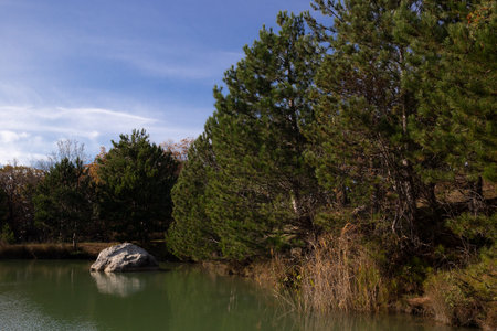 view of a mountain lake surrounded by bushes and trees in autumnの写真素材