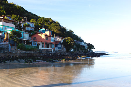 Colorful hillside village by the beach, surrounded by lush greenery and calm ocean wavesの写真素材