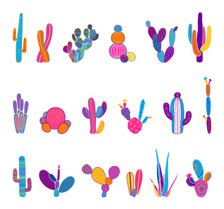Vector illustration of cacti isolated on a white background. Icons, silhouettes of cacti. Mexican desert cactus, tropical plants, summer garden. abstract creative decorative cactusのイラスト素材
