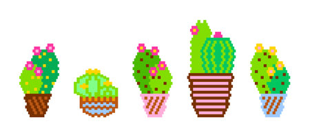Pixel cacti. Vector illustration of cactus succulent aloe isolated on a white background. Geometric plants. Icons and silhouettes of cacti. Tropical plants, desert cactiのイラスト素材