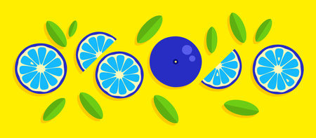 orange background. Orange tangerine grapefruit lemon lime on a yellow background. Vector abstract illustration of summer fruits and citrus. Citrus icons and silhouettesのイラスト素材