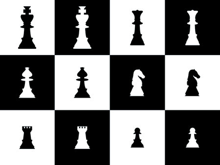 Silhouettes of chess pieces. Chess board. black and white. Chess icon. Vector chess isolated on white background. Playing chess on the Board. King, Queen, rook, knight, Bishopのイラスト素材