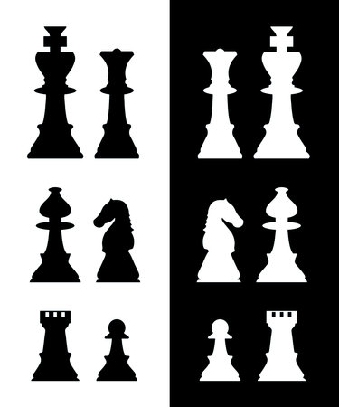 Silhouettes of chess pieces. Chess board. black and white. Chess icon. Vector chess isolated on white background. Playing chess on the Board. King, Queen, rook, knight, Bishopのイラスト素材