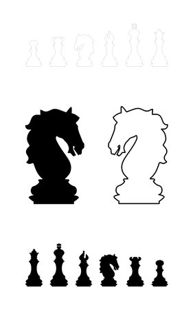 Silhouettes of chess pieces. Chess board. black and white. Chess icon. Vector chess isolated on white background. Playing chess on the Board. King, Queen, rook, knight, Bishop pawnのイラスト素材