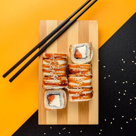 Photo of sushi on a bright background. Top view of sushi and rolls. Traditional Japanese food. Delicious rolls on the board up close. Sesame seeds on the background. Californiaの写真素材