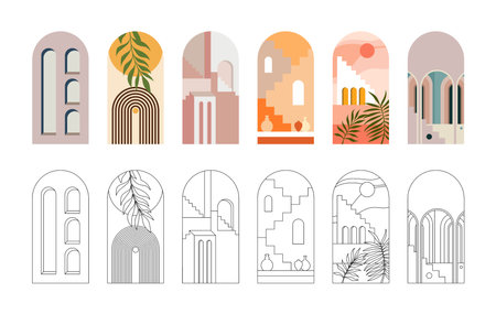 Bohemian architecture in vector isolated on a white background. interior and decor icons. Houses of Morocco. Abstract drawing of a house with columns. tropical architectureのイラスト素材