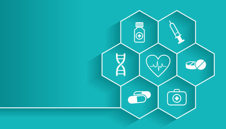 Medical background in vector. Pills, stethoscope, syringe, heartbeat isolated on a blue background. Medical icons drawn in vector. healthcare background. innovative medicineのイラスト素材