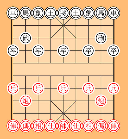Xiangqi in vector isolated on white background. Chinese game. Xiangqi board. An illustration of an Asian board game. A chessboard. Chinese chess. Xiangqi Icon Setのイラスト素材