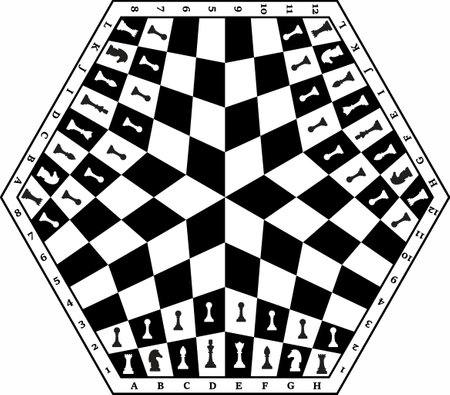 Hexagonal chessboard for three players with chess pieces. Chess pieces flat style. Silhouettes of chess pieces. Chess board. Vector illustration of the chess isolated on whiteのイラスト素材
