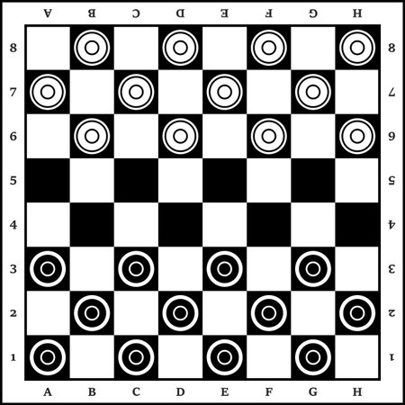 A chessboard in a vector isolated on a white background. The board is a top view. Black and white round chips. checkers. Boardgame Checkers. Chessboard and checkers on itのイラスト素材