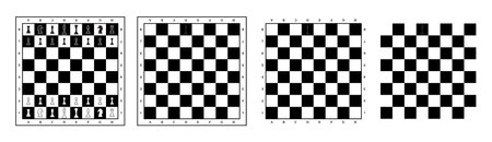 Silhouettes of chess pieces. A chessboard. Black and white chess icons. Vector chess isolated on a white background. Playing chess on the board. King, Queen, Rook, Knight, Bishopのイラスト素材