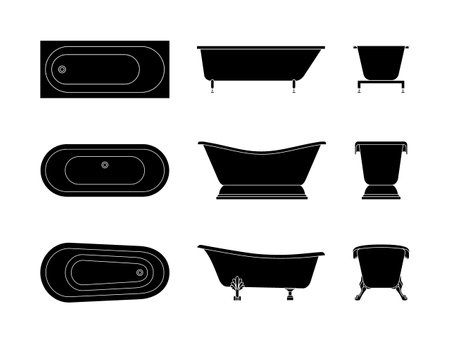 The silhouette of the bathtub in the vector is isolated on a white background. Bathroom interior. Black and white bathroom icons. A set of baths. Hygiene in the house. cartoon bathのイラスト素材