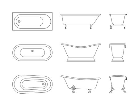 The silhouette of the bathtub in the vector is isolated on a white background. Bathroom interior. Black and white bathroom icons. A set of baths. Hygiene in the house. cartoon bathのイラスト素材