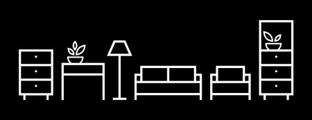 Furniture in vector isolated. furniture icon. Interior of the room. Continuous line interior with sofa, armchair, lamp, table, wardrobe and bedside table. Contour furnitureのイラスト素材