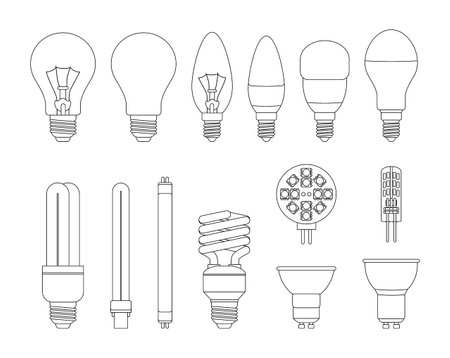Light bulb in vector isolated on white background. Set of light bulb icons. light bulb idea. Black and white lamps silhouettes. LEDs, energy saving and incandescent lampsのイラスト素材