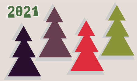 Greeting card for the new year 2021. A set of simple geometric images of firs of different colors....