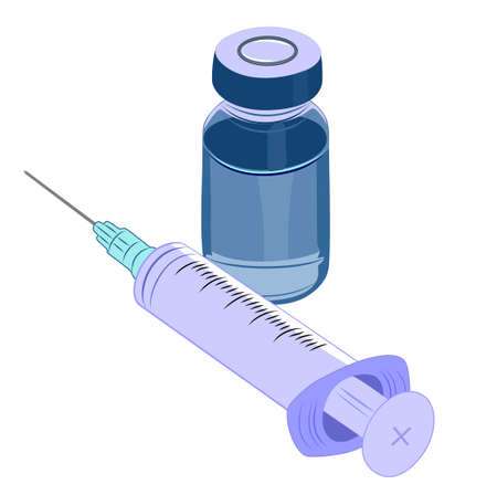 Vector illustration on a medical theme. Image of a syringe and a jar with a virus vaccine. Medical syringe and glass bottle with medicine on table.のイラスト素材