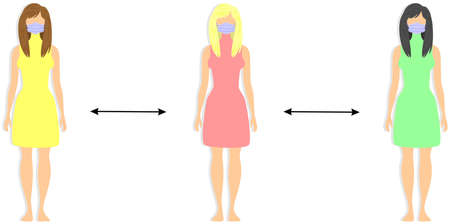Vector illustration on the theme of the coronavirus pandemic. An image of girls in personal protective medical masks at a safe distance from each other.のイラスト素材