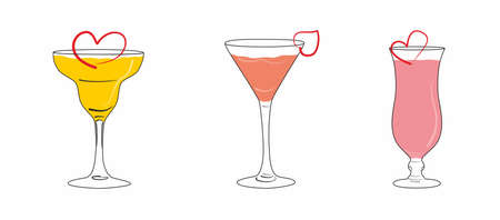 Vector image of silhouettes of three cocktails in glasses of different shapes with a romantic heartのイラスト素材