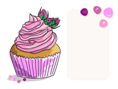 Vector image of a cupcake with butter cream and flower buds on top. A sketch of a cake painted as if with markers or watercolors. A place for lettering or congratulations. Hand-drawn illustration.のイラスト素材