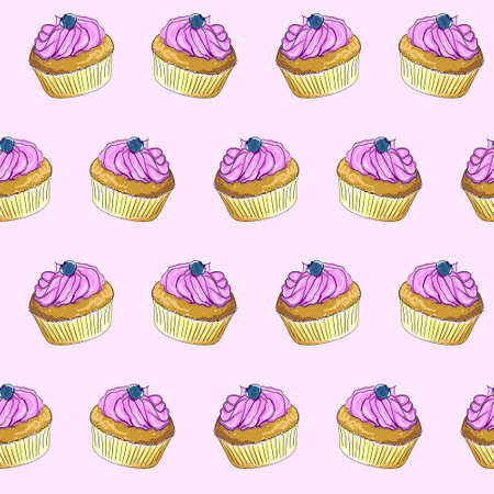 Vector seamless pattern of a cupcake with butter cream and blueberries on top. A sketch of a cake painted as if with markers or watercolors. Hand-drawn illustration.のイラスト素材