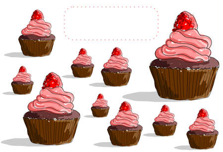 Vector cupcake pattern with butter cream and raspberries on top. Hand-drawn illustration. A sketch of a cake painted as if with markers or watercolors. Place for lettering or congratulationsのイラスト素材