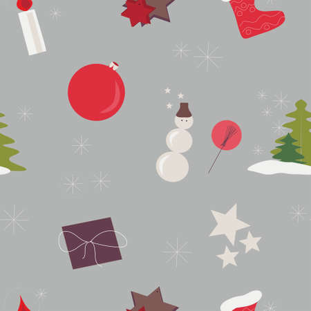 Seamless pattern on the New Year theme. Christmas and New Years celebration elements. Snowman, candle, snowflakes, Christmas trees, gift, stars, boots of Santa Claus on a grey background.の写真素材