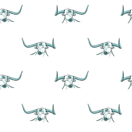 Seamless pattern of the symbol of the new 2021. Silhouette of a bulls muzzle with long horns in blue and turquoise colors. Hand drawn animal sketchの写真素材
