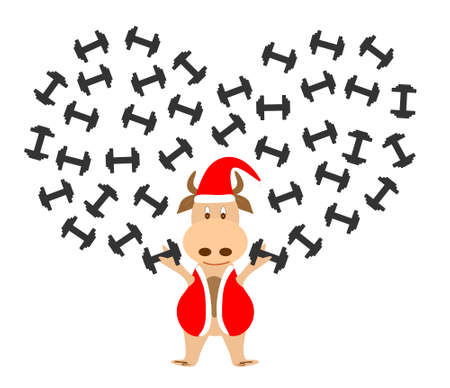 Image of a bull in a santa claus costume. The bull goes in for sports and holds dumbbells in his hands and around in the airの写真素材