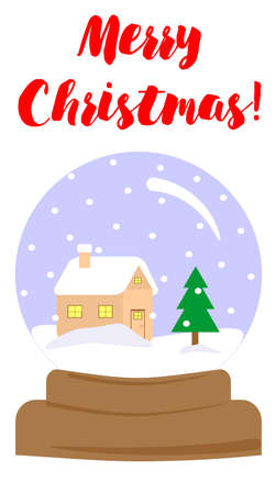 Snow globe with Christmas village in it. Image of a toy snow ball on a stand with a house and a spruce inside. Winter landscape with snowdrifts and snow on the roof of the house.の写真素材