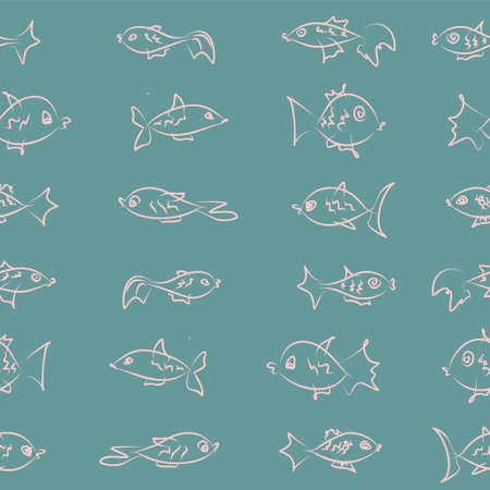 A set of images of different types of fish on a background of colored stripes. Hand-drawn pattern on the theme of fishing. Cartoon sketches of aquarium fish that swim in different directionsの写真素材