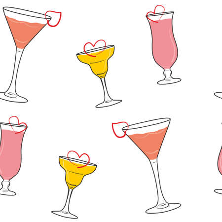 Seamless pattern of silhouettes of three cocktails in glasses of different shapes with a romantic heart.の写真素材