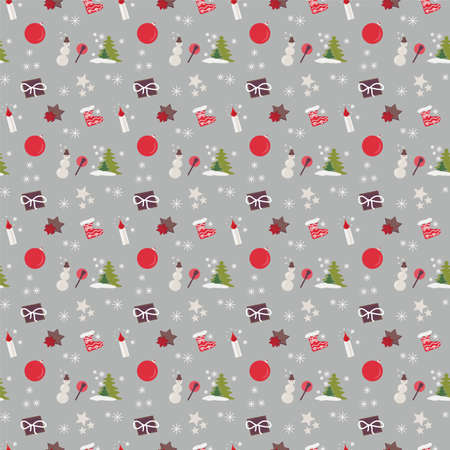 Seamless pattern on the New Year theme. Christmas and New Years celebration elements. Snowman, candle, snowflakes, Christmas trees, gift, stars, boots of Santa Claus on a grey background.の写真素材