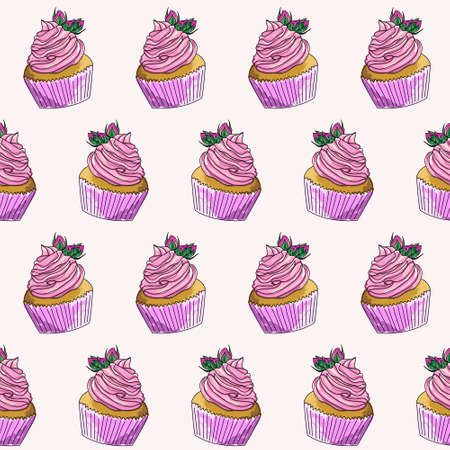 Seamless pattern of a cupcake with butter cream and flower buds on top. A sketch of a cake painted as if with markers or watercolors. Hand-drawn illustration.の写真素材