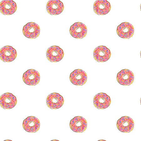 Vector image of a donut with icing and sprinkling. Food sketch of baking and sweet dessert. Hand-drawn bright appetizing treatのイラスト素材