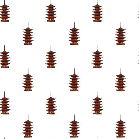 Vector seamless pattern of a pagoda. Architectural sketch of the eastern building. Hand-painted bright traditional buildingの写真素材
