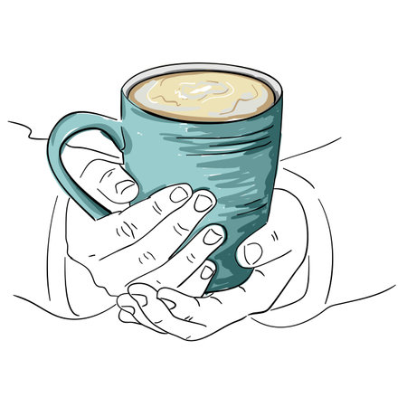 Vector image of a cup in hands. Warm winter illustration depicting a mug of hot tea, cocoa or coffee warming hands during the cold season. Food sketchのイラスト素材