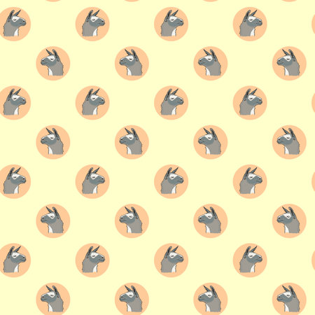 Seamless pattern of the muzzle of a gray llama. Animalistic digital sketch of an alpaca. Hand drawn animal on a circleの写真素材