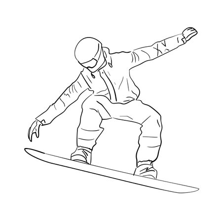Vector image of a snowboarder. A quick sketch of an athlete who goes snowboarding in winter in the mountains. Black and white drawing of a snowboarder on a board in flightのイラスト素材